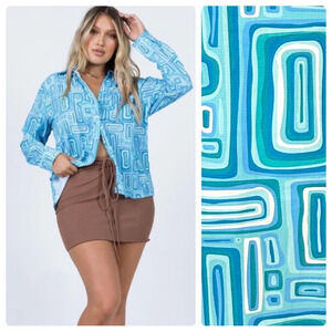 Princess Polly Electric Vibes Blue Swirl Retro 70’s Button Down Shirt Top Size 4